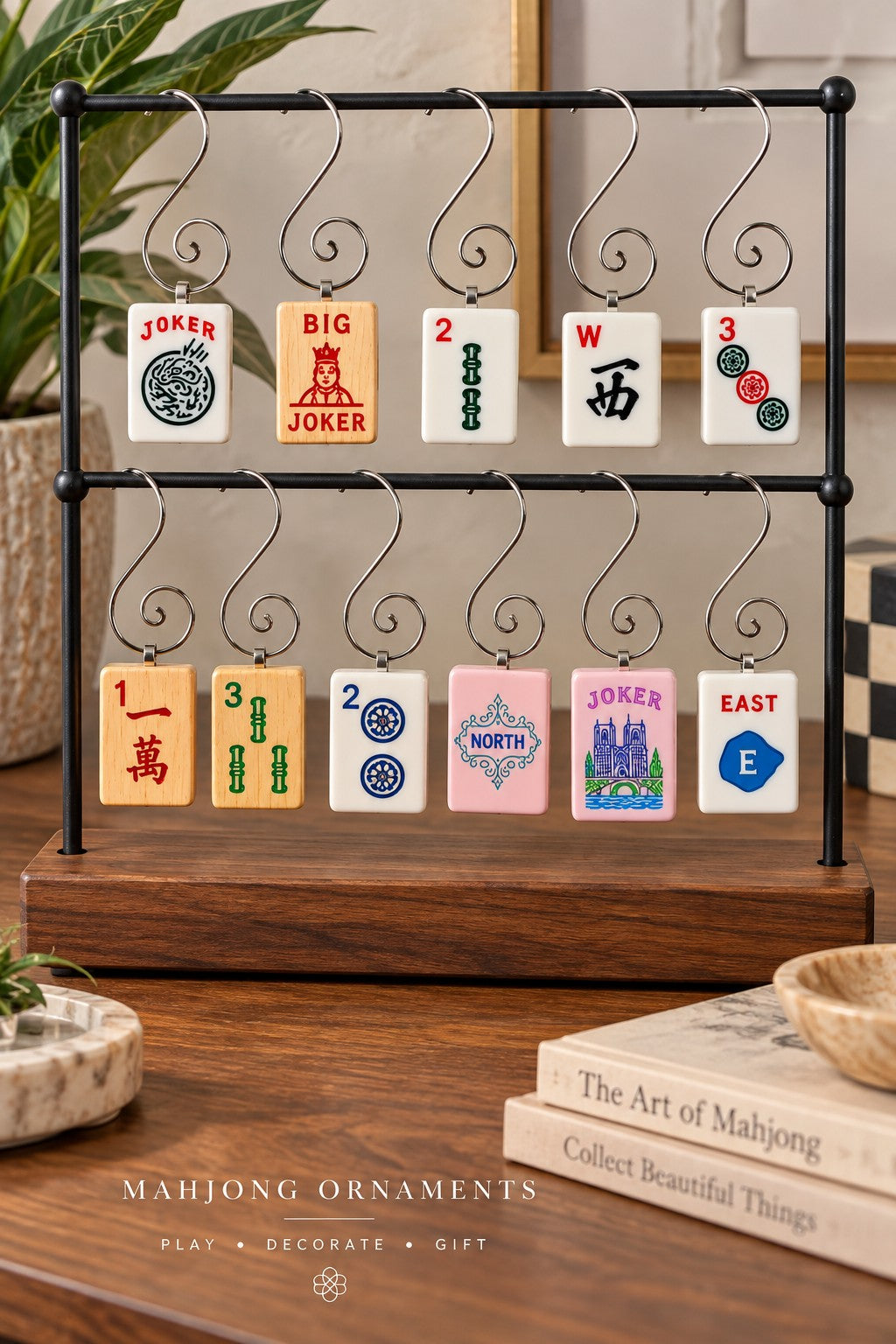 Genuine Mah Jong Tile Ornament, tile ornaments on a display rack