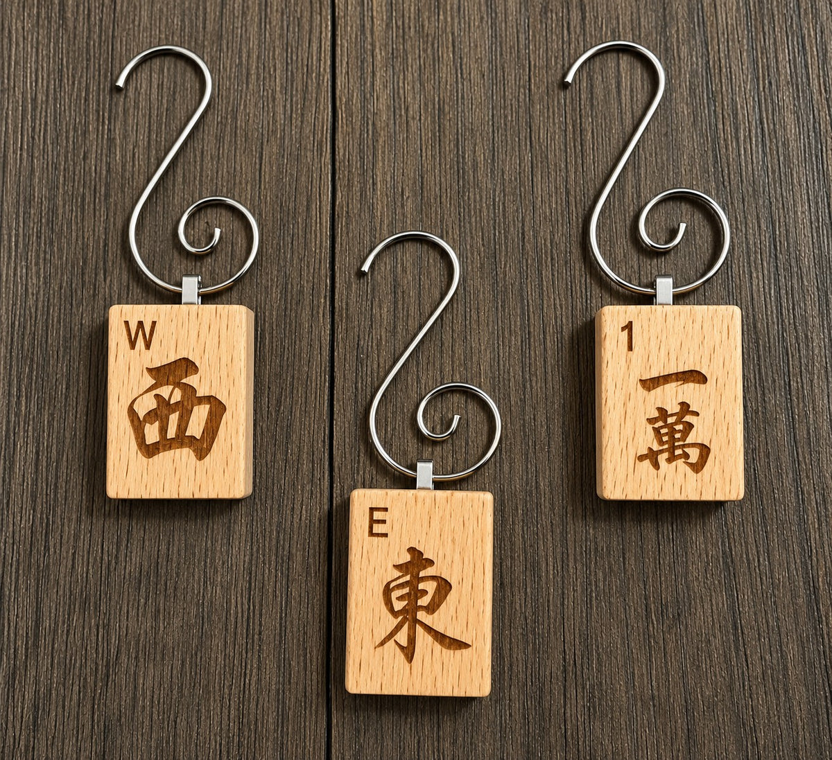Genuine Mah Jong Tile Ornament, wood-tone character tile ornaments