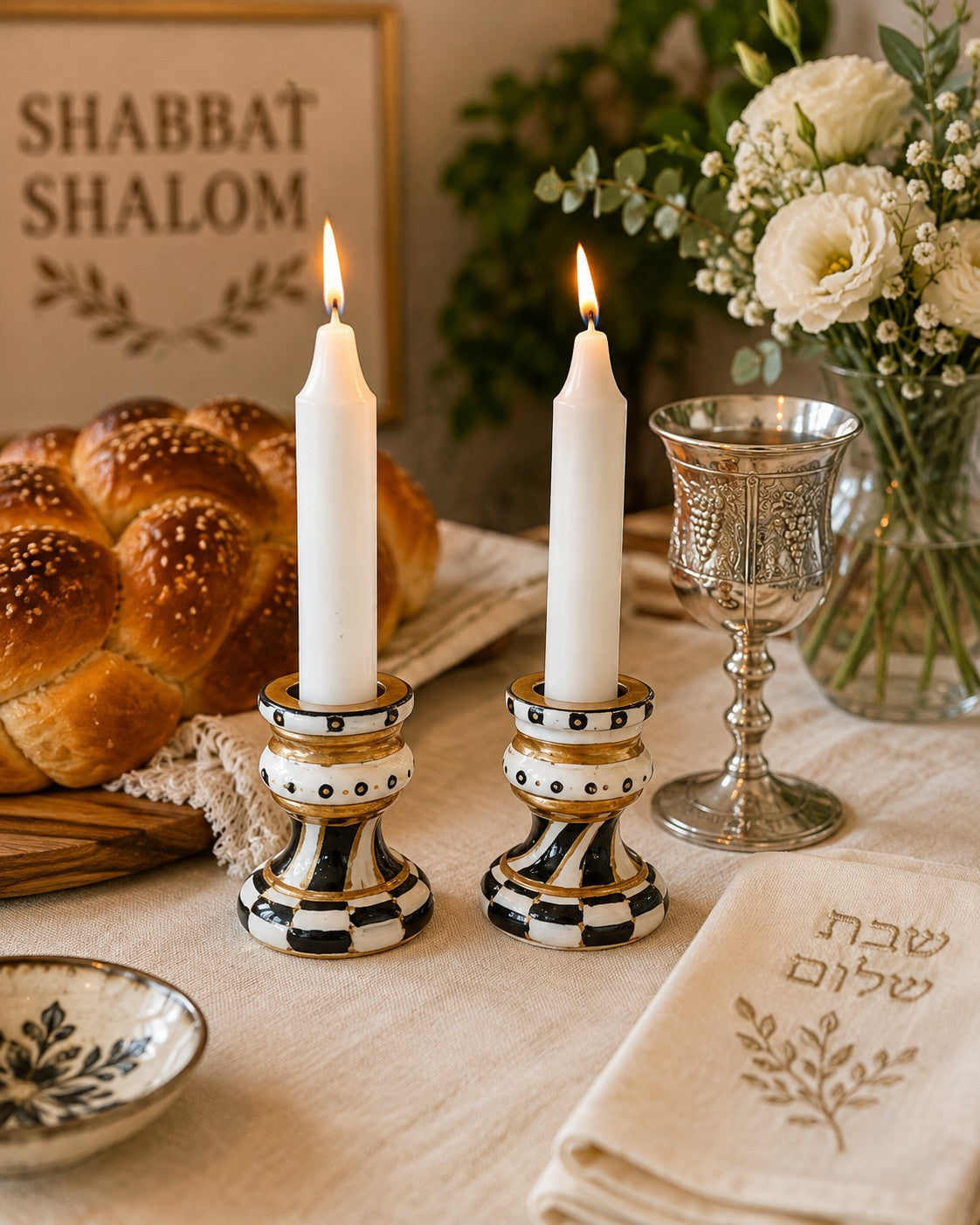 Golda candlesticks with challah on a Shabbat table