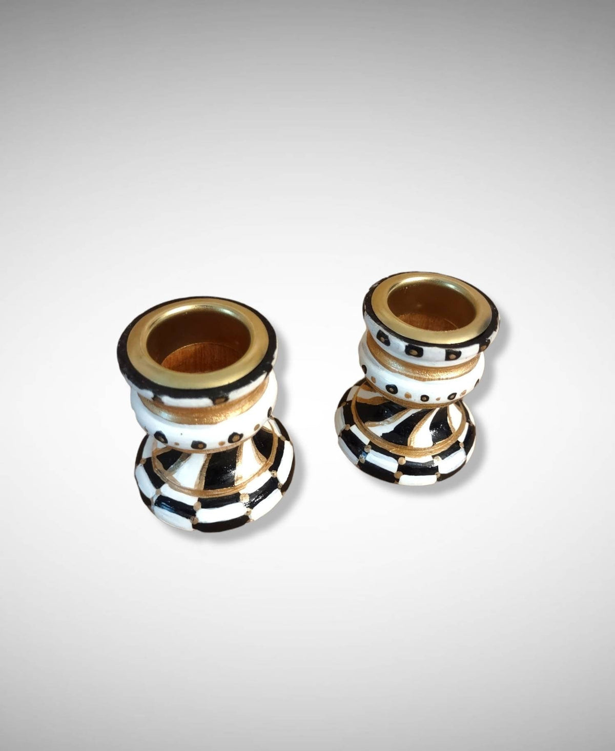 Golda Hand-Painted Shabbat Candlesticks, pair of checkered candlesticks on grey
