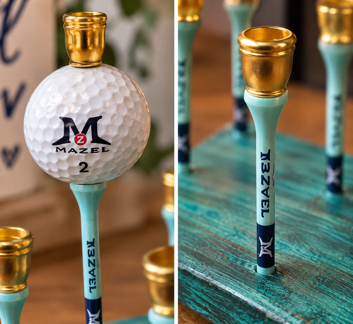 Golf Menorah, close-up of the Mazel Tee golf ball and gold candle cups