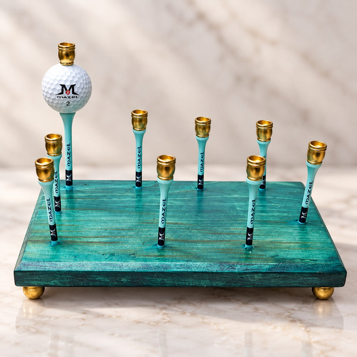 Golf Menorah, golf tee candle holders on the teal base, angled view