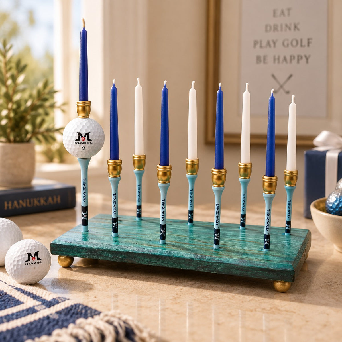 Golf menorah with blue and white candles lit on a table