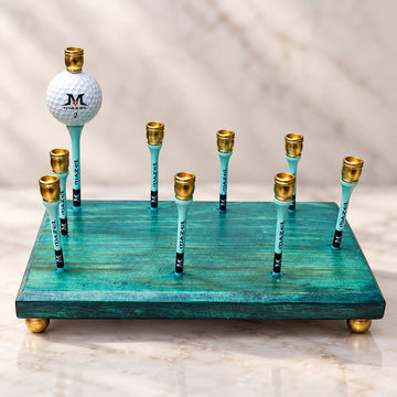 Golf Menorah, teal wood base with golf-tee candle holders and a golf ball shamash