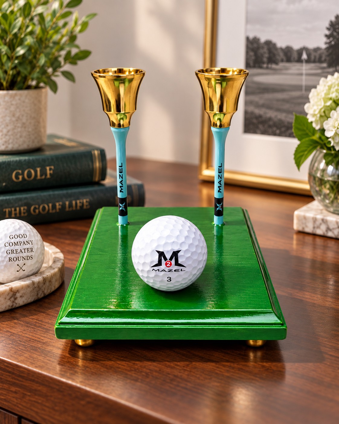 Golf Shabbat candle holder on a wooden table with books behind