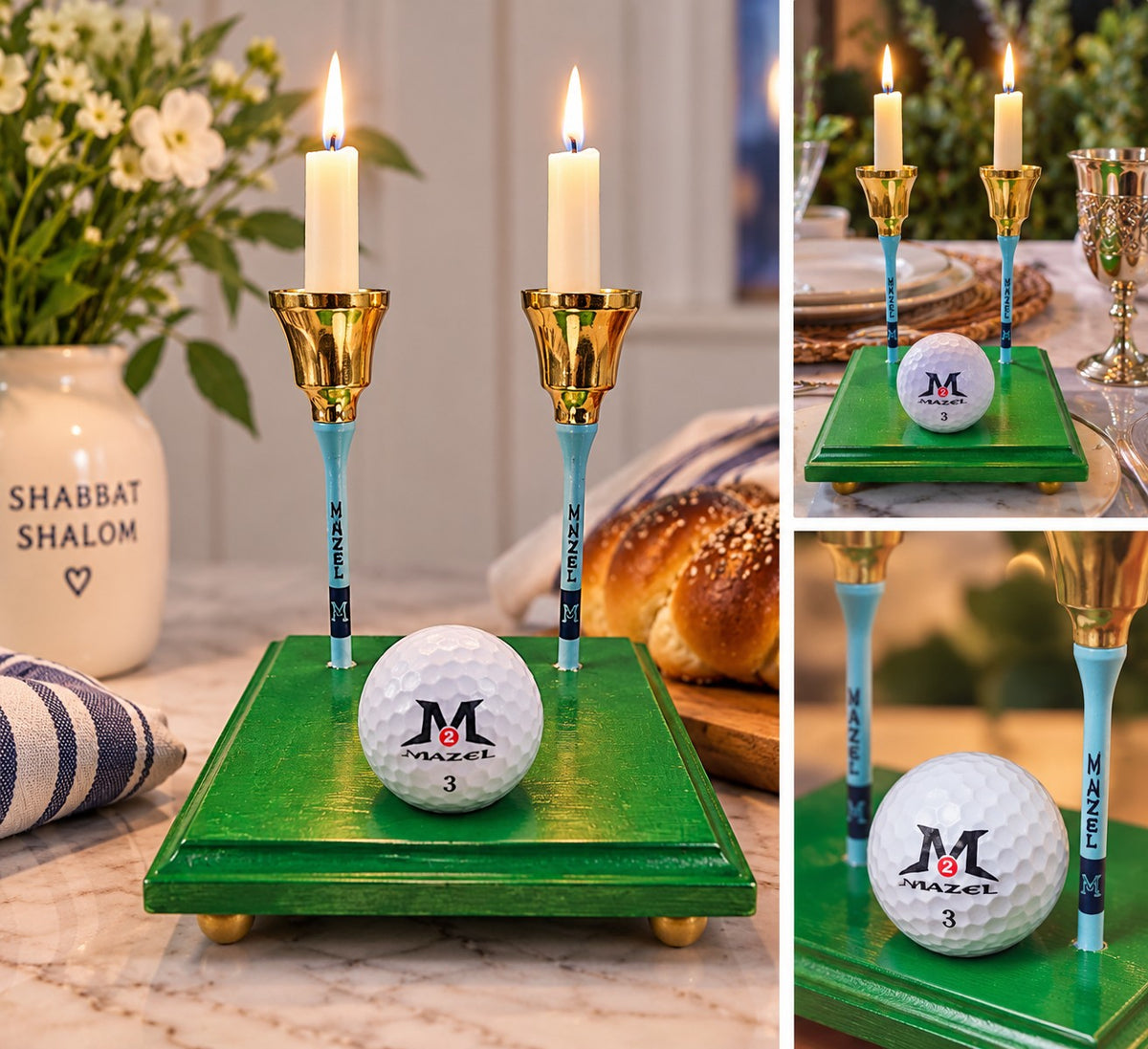 Golf candle holder with lit candles, collage of three angles