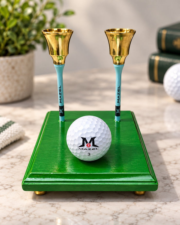 Golf Shabbat candle holder, green painted wood base with golf tees, a golf ball and two brass cups