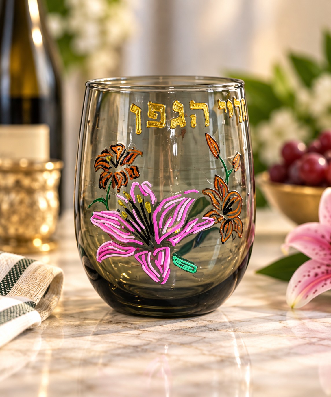 Hand-Painted Lily Kiddush & Wine Glasses, stemless glass with pink lily and Hebrew lettering (Midnight Lilies)
