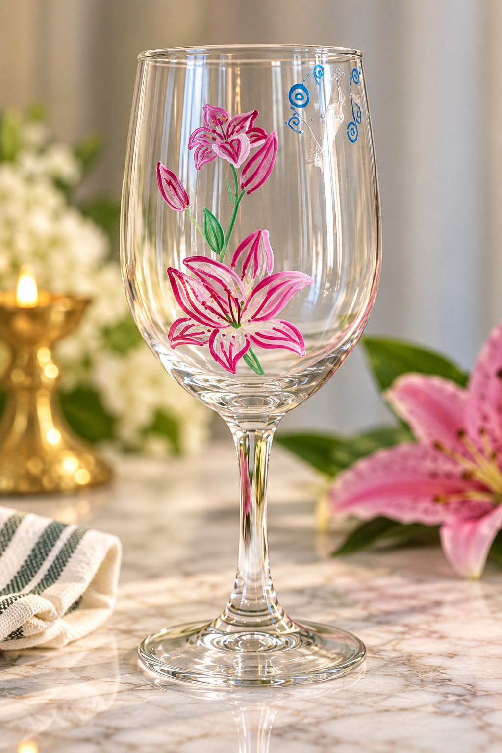 Hand-Painted Lily Kiddush & Wine Glasses, stemmed glass painted with a pink lily
