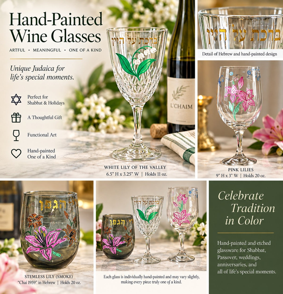Graphic of the hand-painted lily wine glass set with notes
