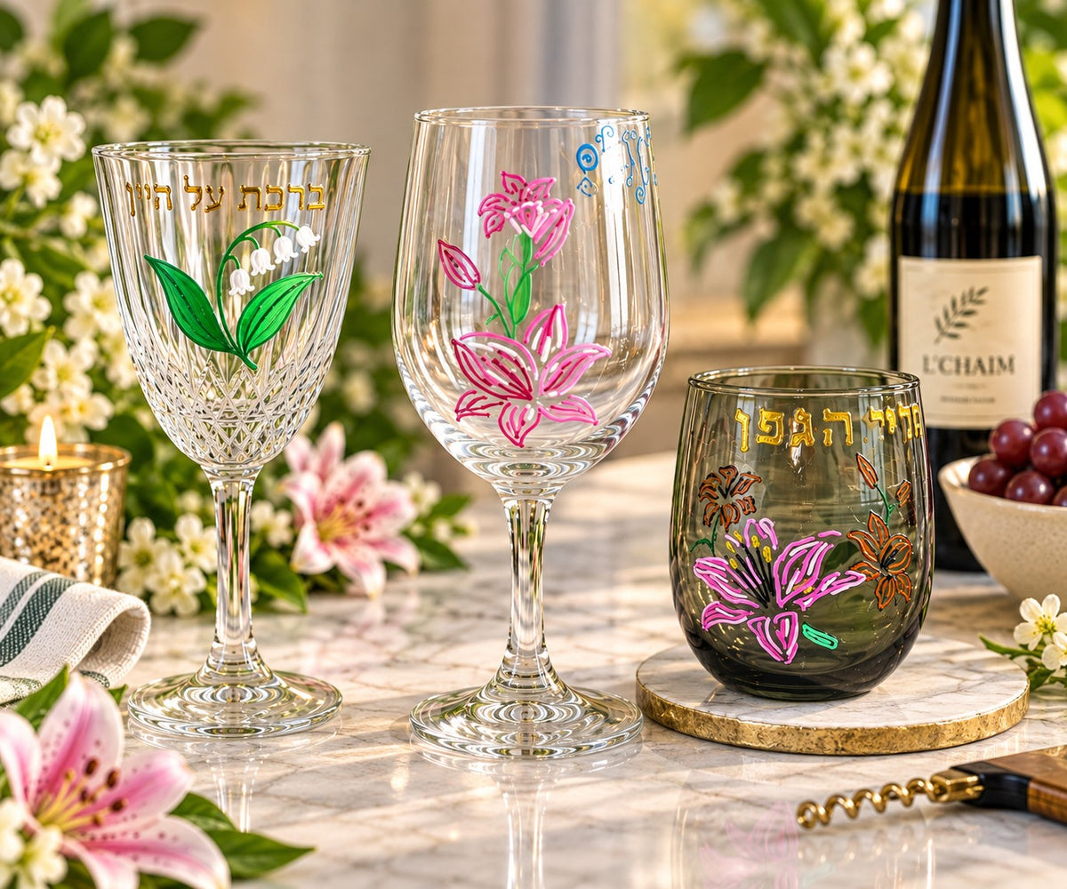 Lily kiddush cup and wine glasses with flowers