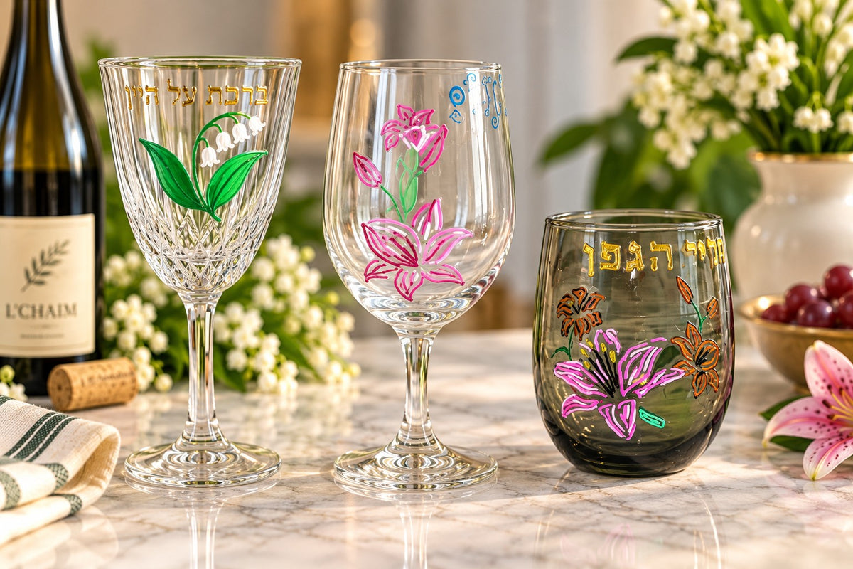 Hand-Painted Lily Kiddush & Wine Glasses, set of painted lily glasses on a table