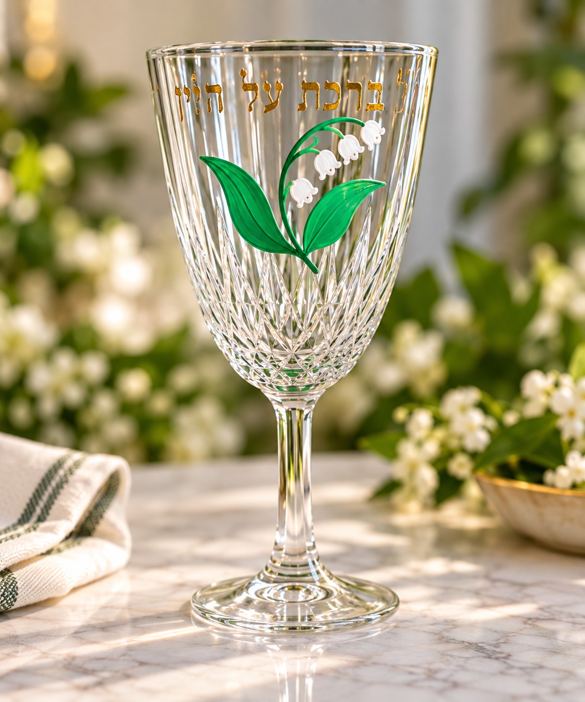 Hand-Painted Lily Kiddush & Wine Glasses, crystal goblet painted with a green lily of the valley