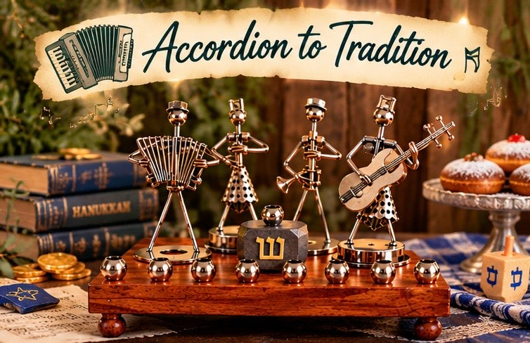 Hanukkah Quartet Menorah, Accordion to Tradition musician menorah on a wood base