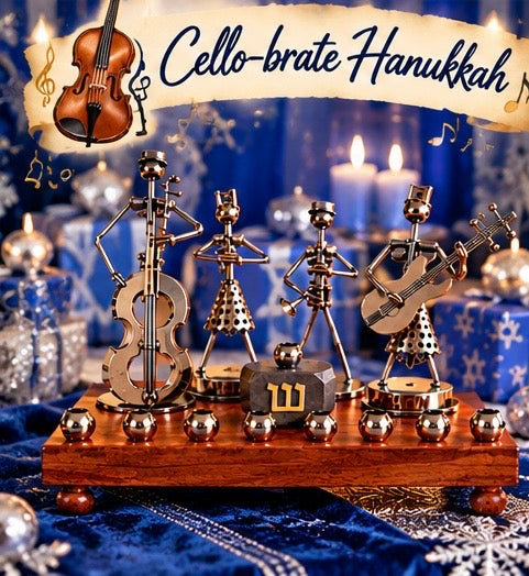 Cello-brate Hanukkah musician menorah with lit candles