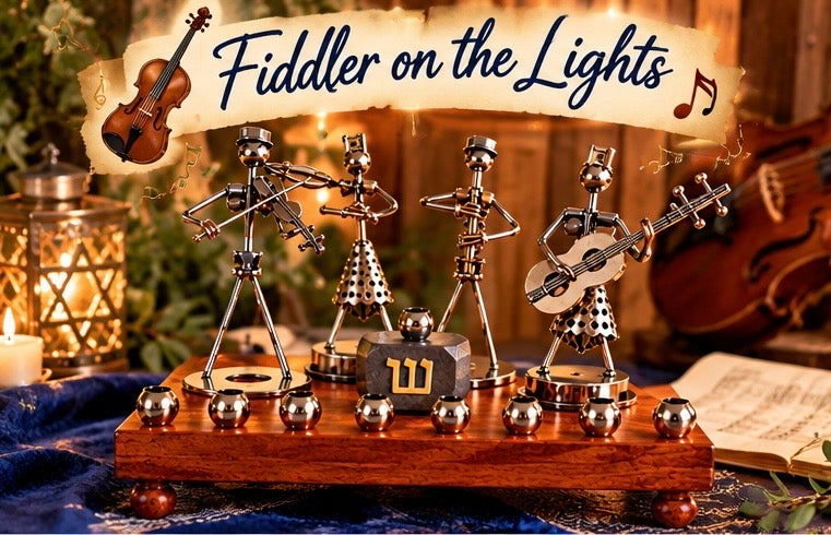 Hanukkah Quartet Menorah, wire musician figures on a wood base with a Fiddler on the Lights banner