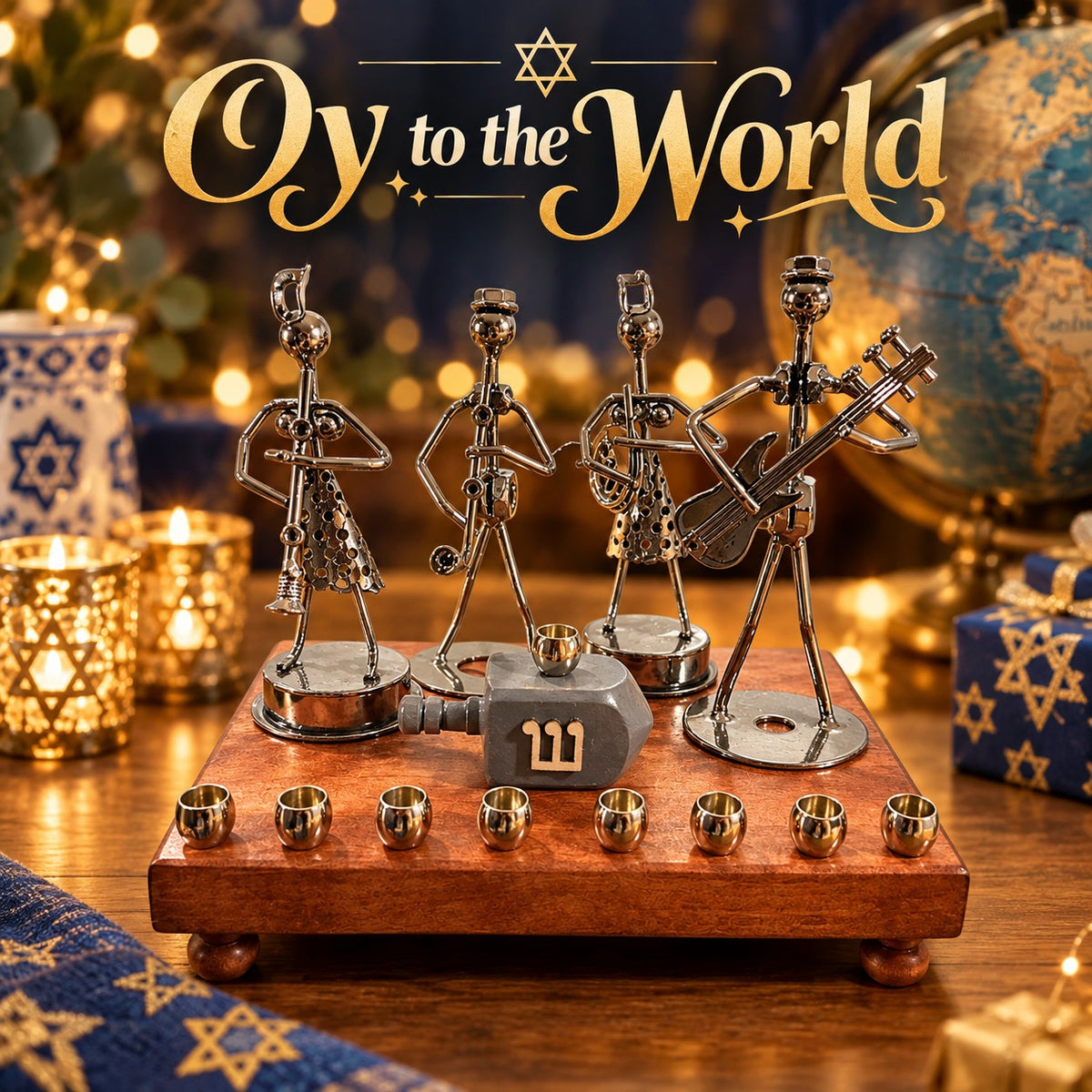 Hanukkah Quartet Menorah, Oy to the World musician menorah on a blue table