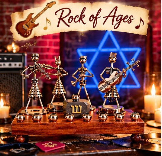 Hanukkah Quartet Menorah, Rock of Ages musician menorah with a neon Star of David