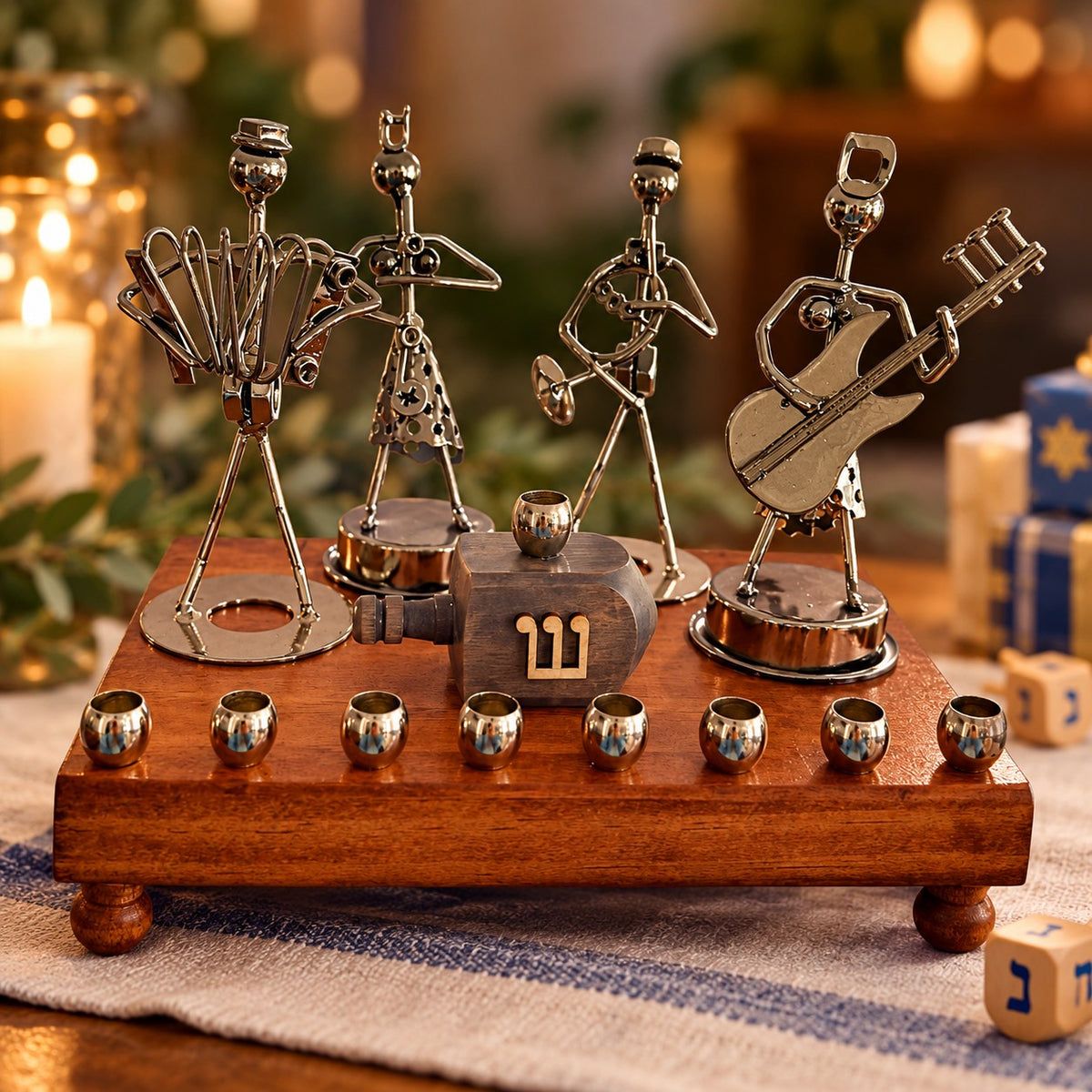 Hanukkah Quartet Menorah, iron musician figures with guitars on a wood base