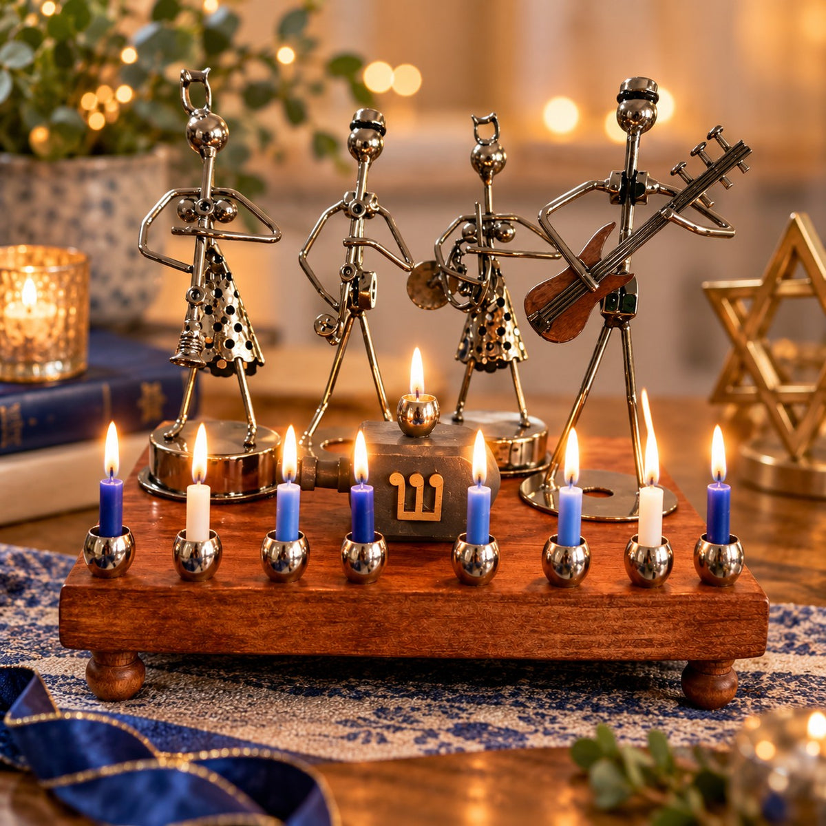Hanukkah Quartet Menorah, musician menorah with blue and white candles lit