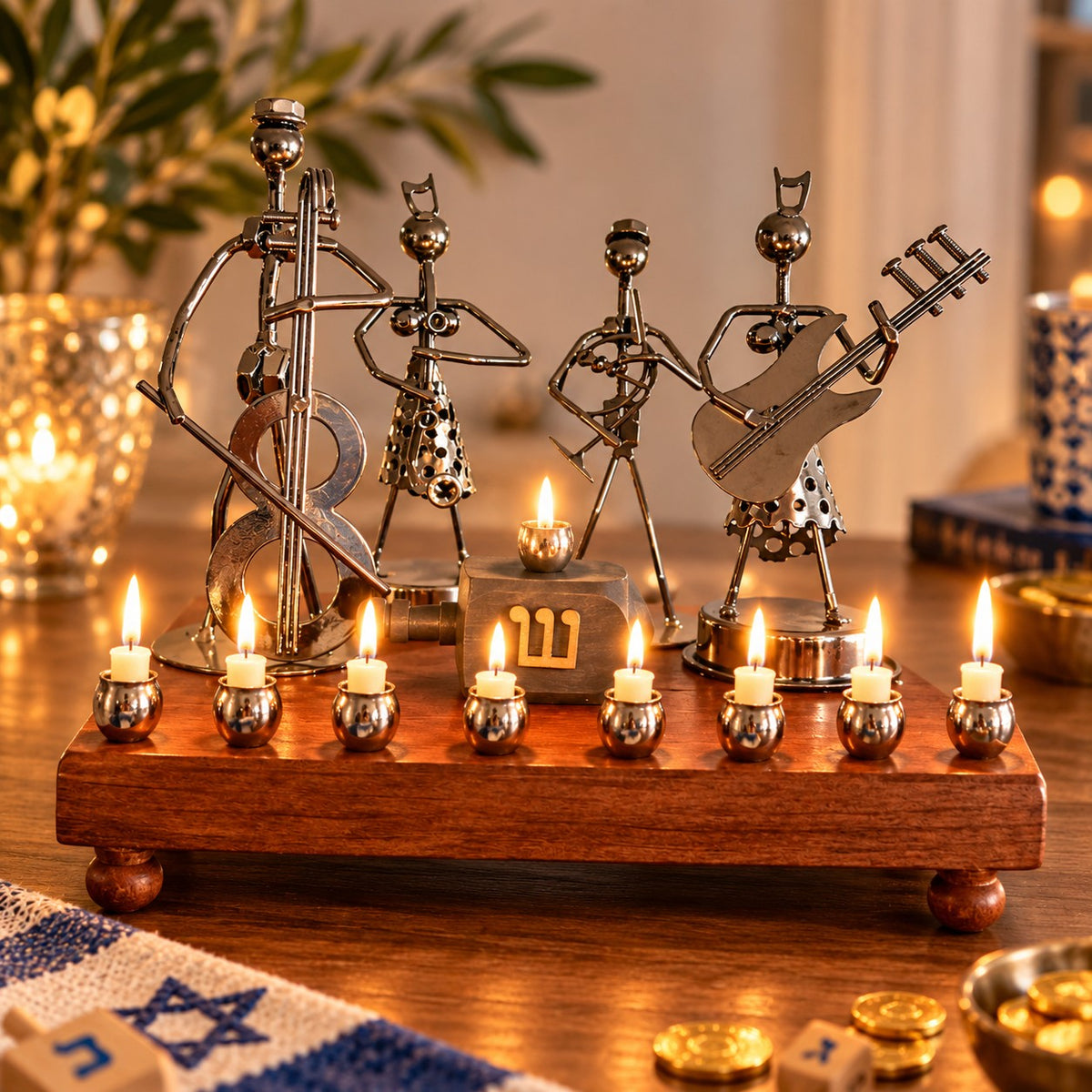 Hanukkah Quartet Menorah, musician menorah with all candles lit, warm light