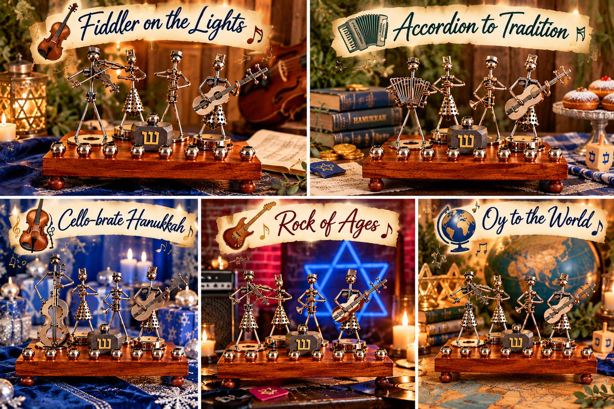 Collage of the five Hanukkah Quartet musician menorahs