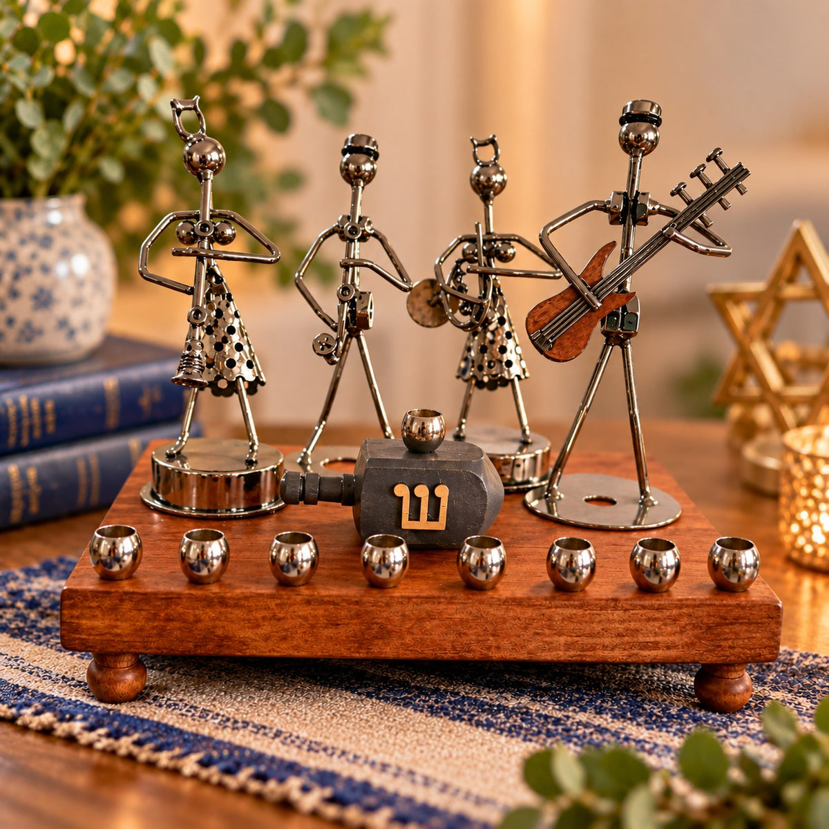Hanukkah Quartet Menorah, iron musician figures with accordion on a wood base