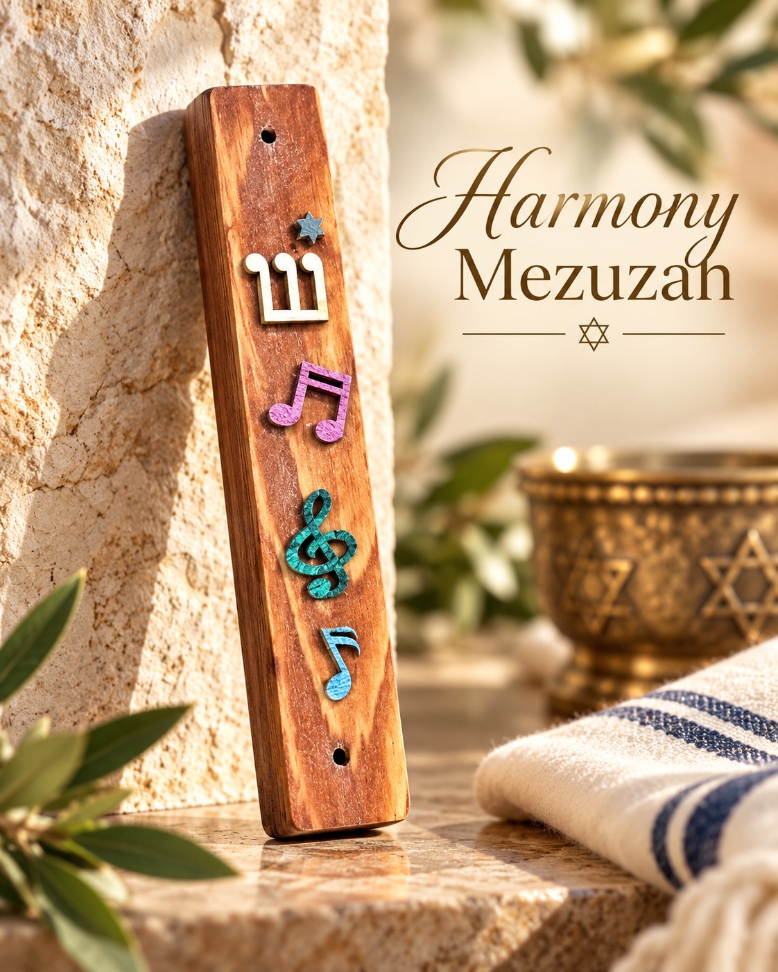 Harmony mezuzah case with title graphic