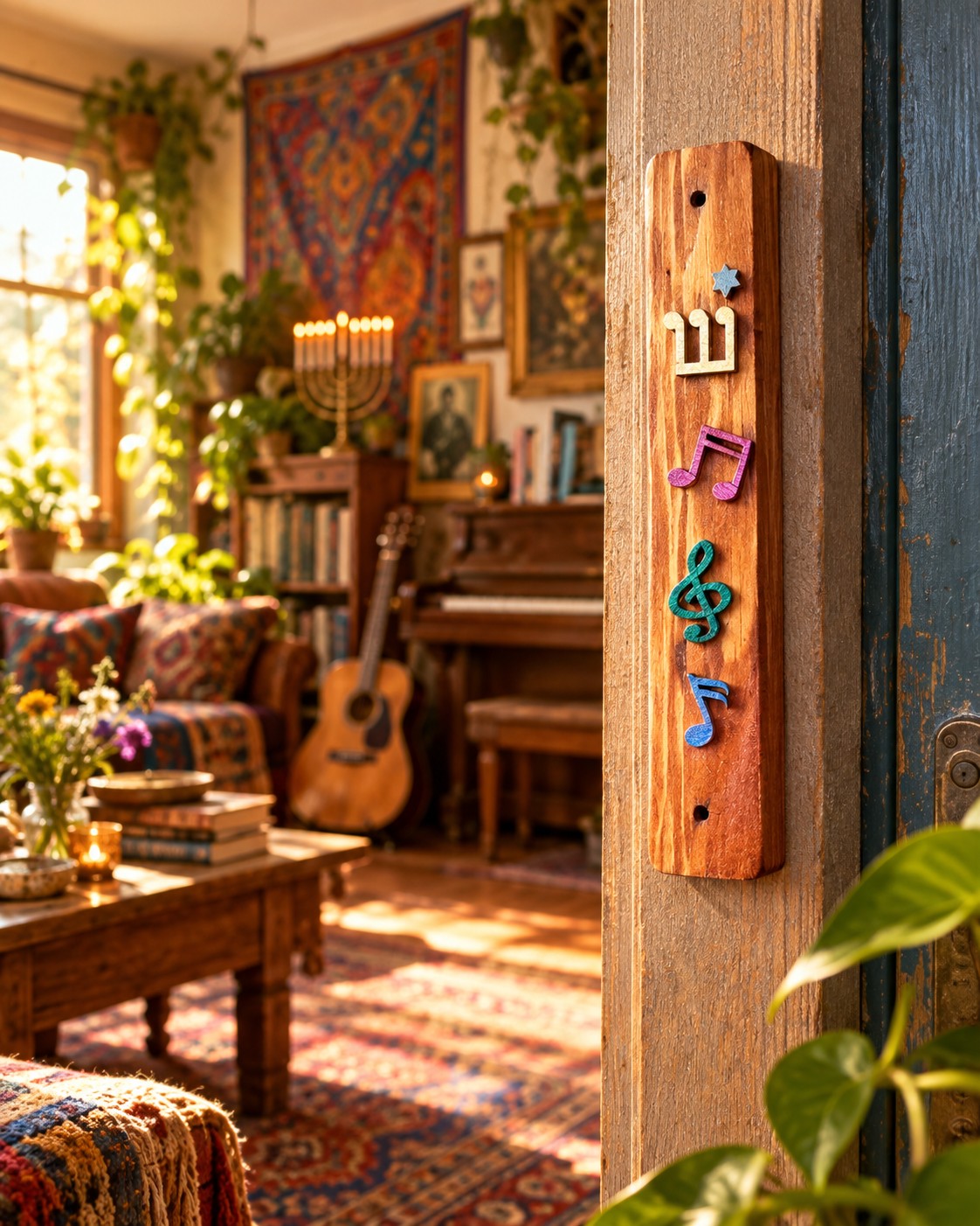 Harmony mezuzah case on a doorframe in a music room