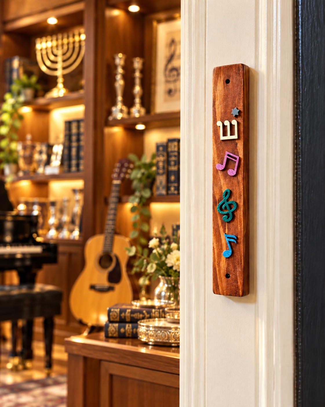 Harmony mezuzah case on a doorframe beside a bookcase