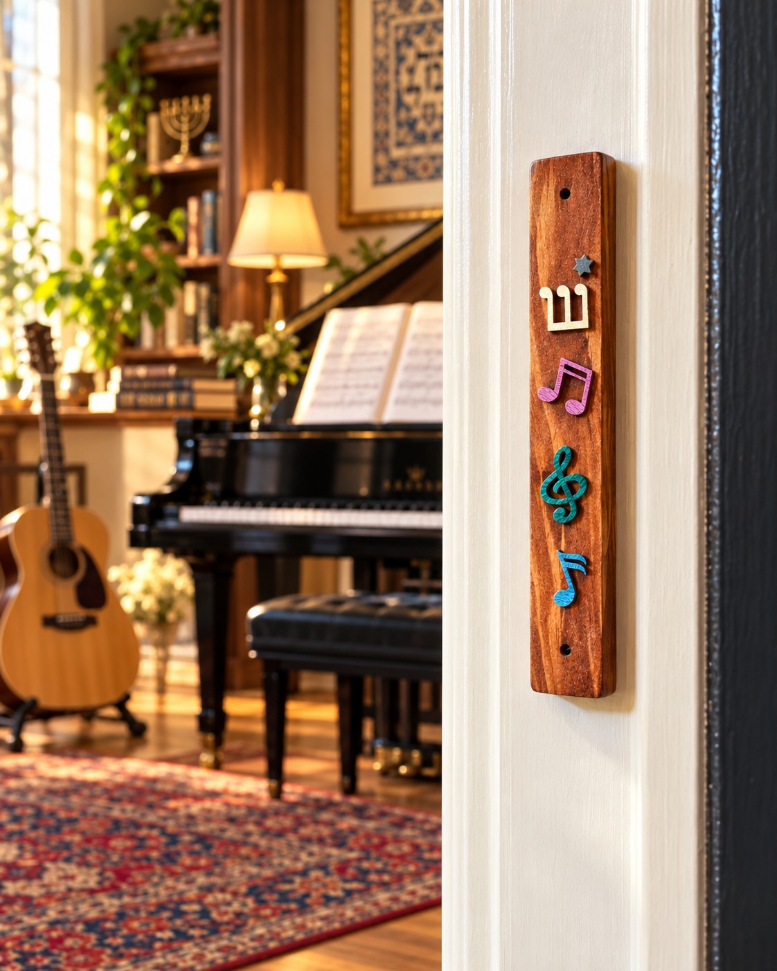 Harmony mezuzah case on a doorpost, piano behind