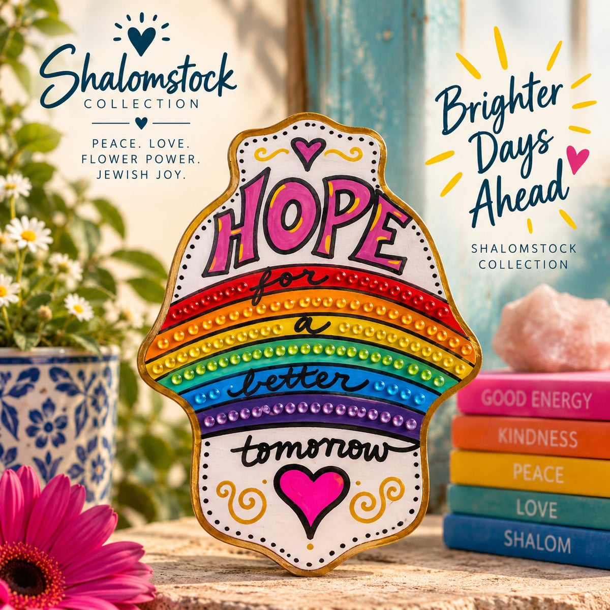 Hope for a Better Tomorrow Hamsa, Hope hamsa promo graphic with Shalomstock text