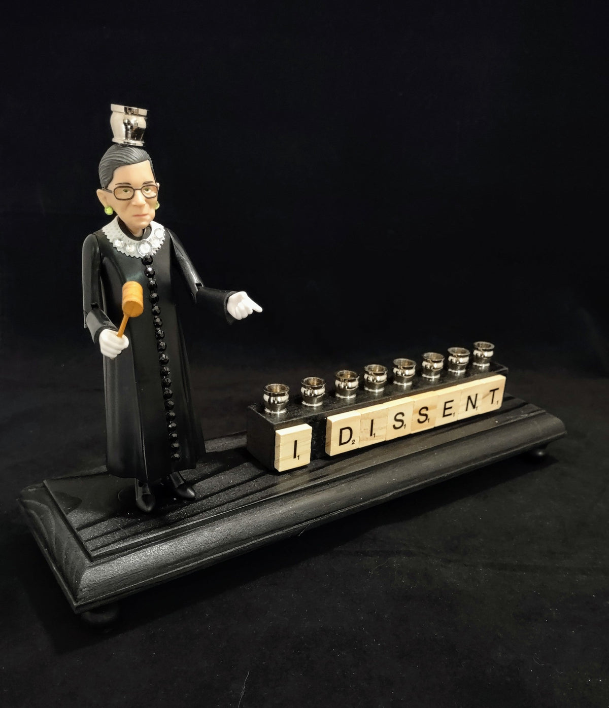 RBG menorah with wood letter blocks (Scrabble tiles)