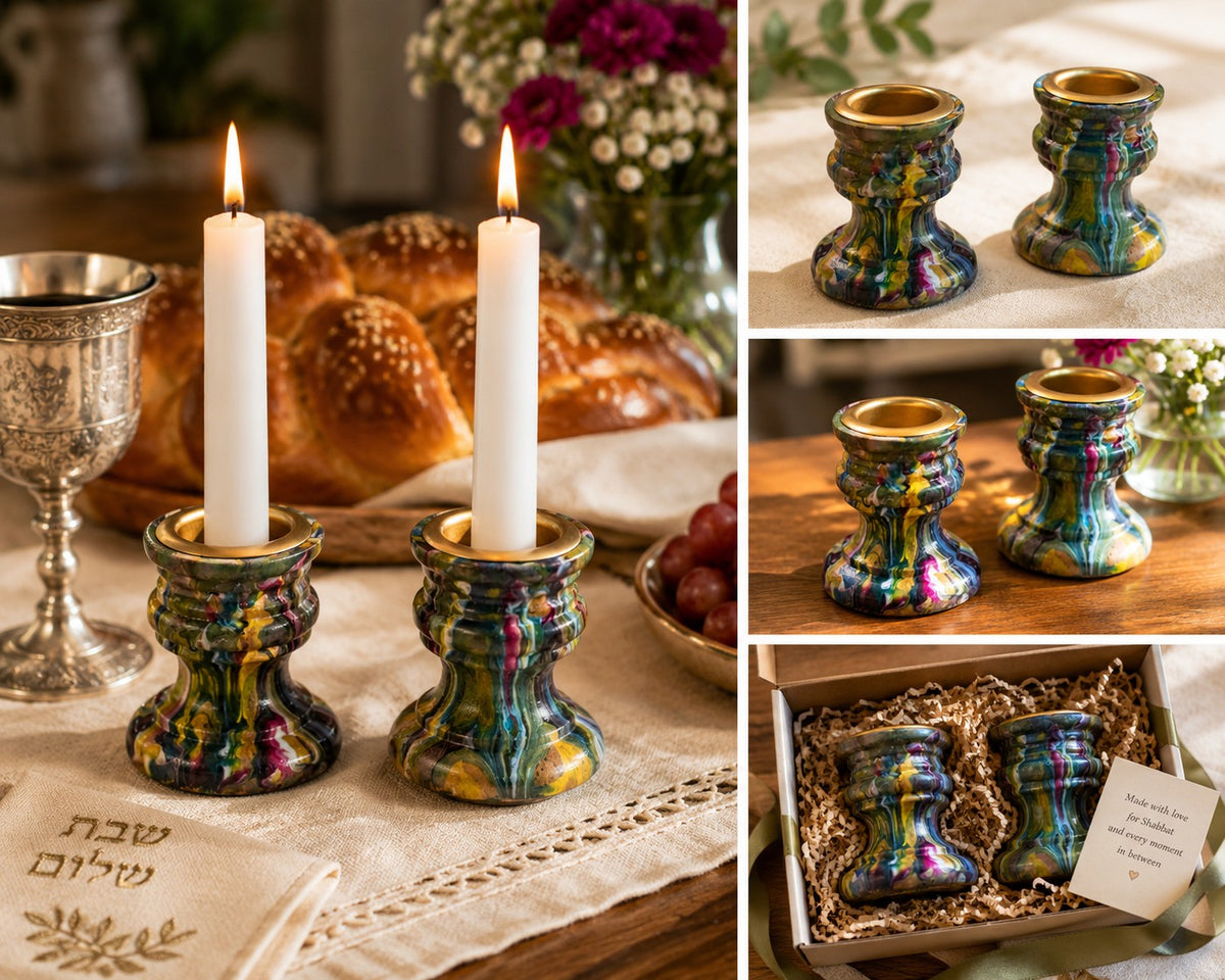 Janis, Janis candlesticks with challah and lit candles