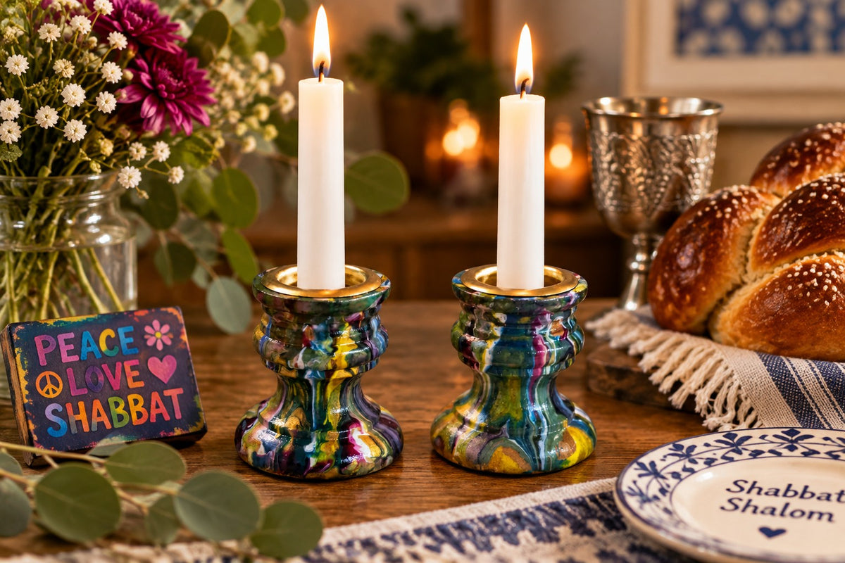 Janis, Janis candlesticks with lit candles and colourful sign