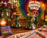 Janis, psychedelic candlesticks with Good Vibes Shabbat Vibes sign