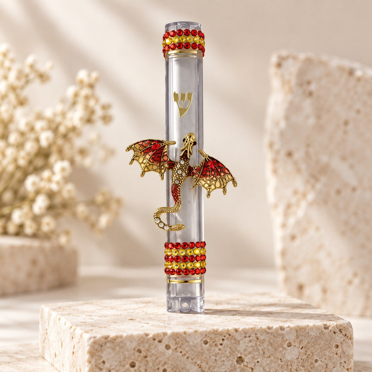 Red and gold jeweled dragon mezuzah case