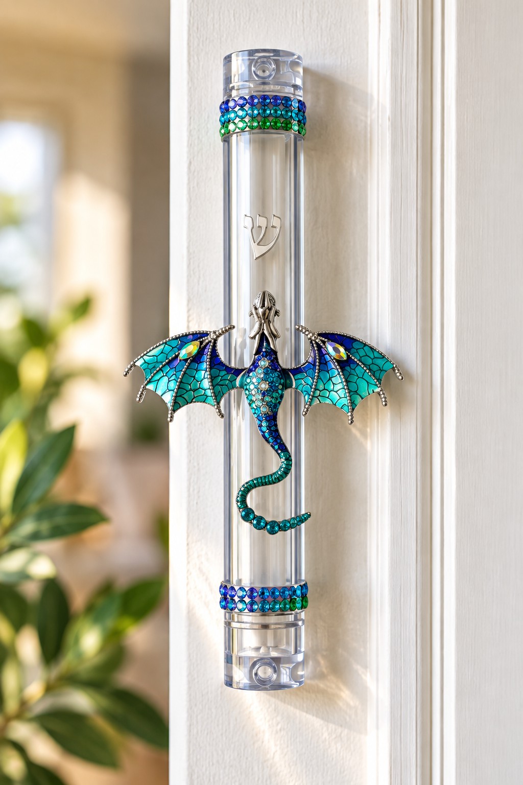 Teal jeweled dragon mezuzah case on a doorpost