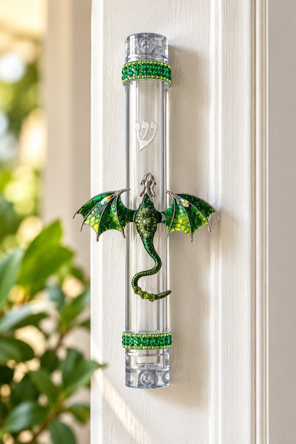 Green jeweled dragon mezuzah case on a doorpost