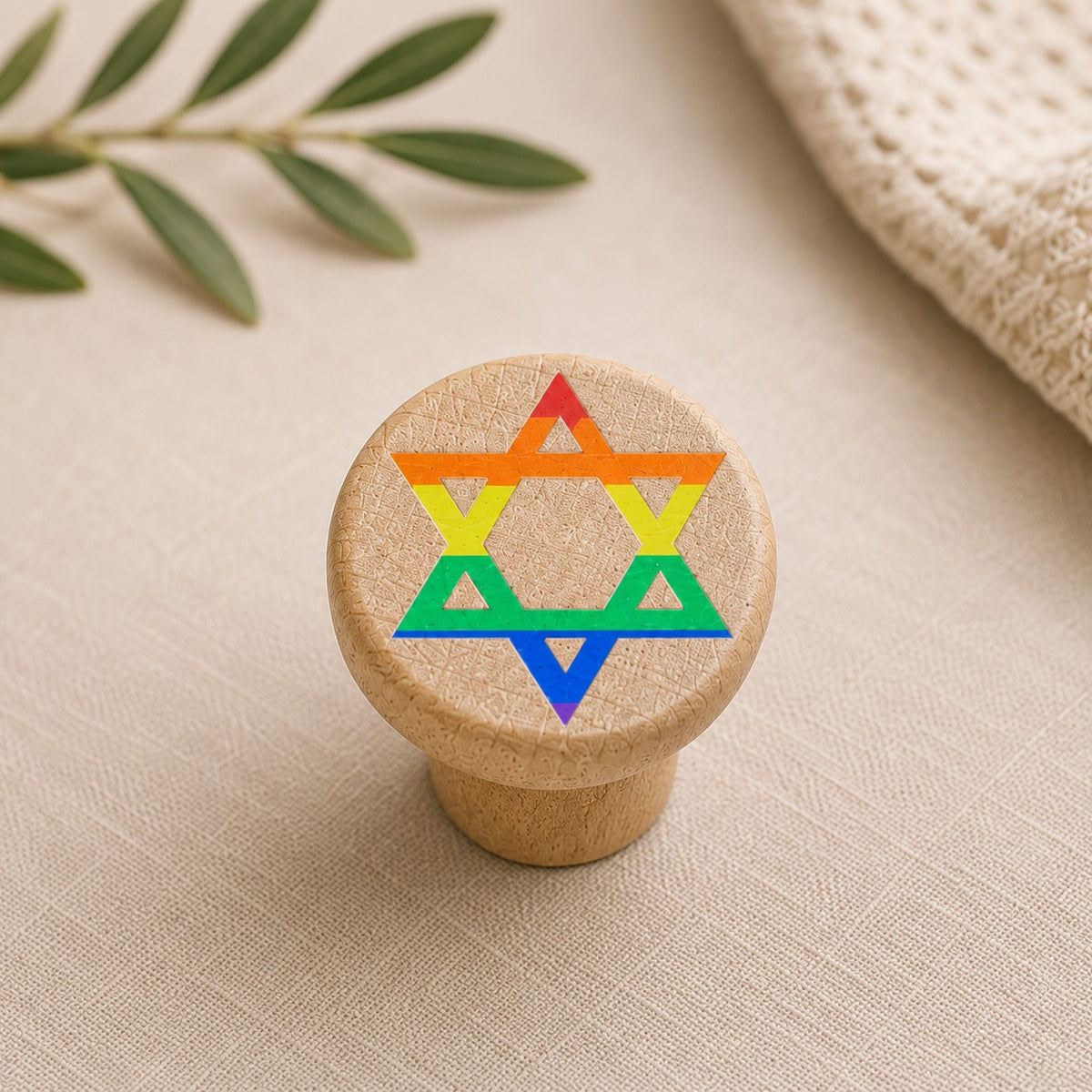 Jewish Wine Bottle Stopper, natural wood stopper with rainbow Star of David