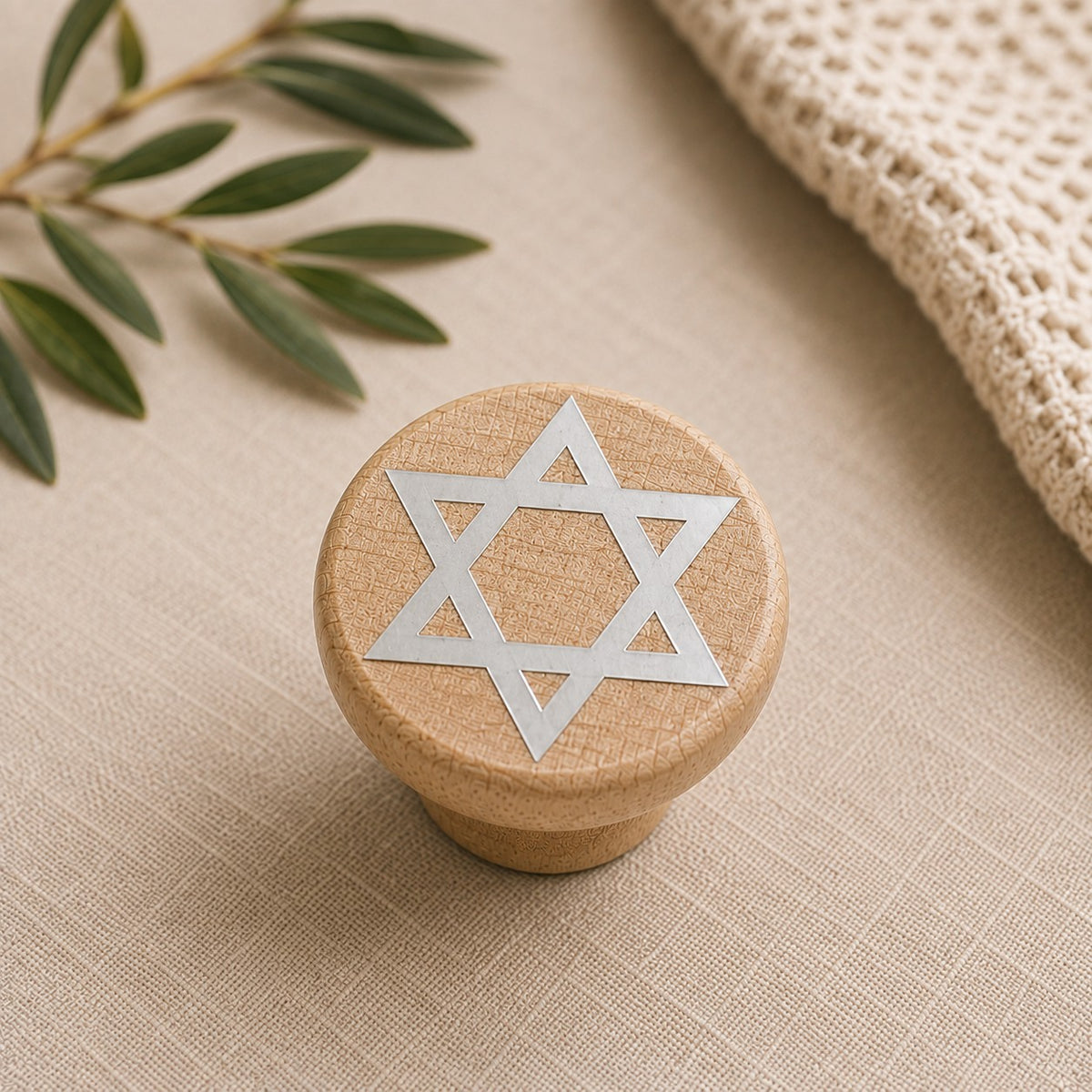 Jewish Wine Bottle Stopper, Star of David wood stopper on linen