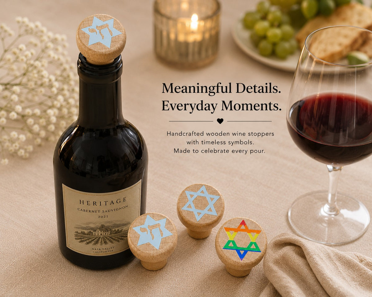 Jewish Wine Bottle Stopper, stoppers beside a wine bottle with text graphic