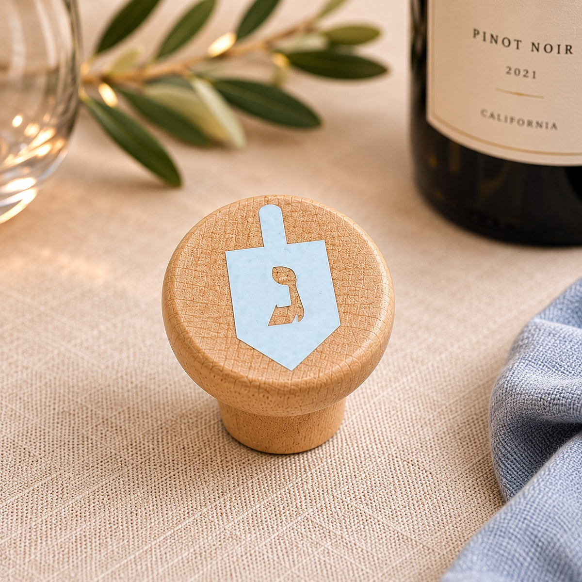 Jewish Wine Bottle Stopper, natural wood stopper with dreidel design