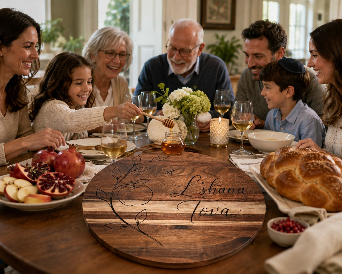 L'Shana Tova Apple and Honey Board Set, family around the L'shana Tova board