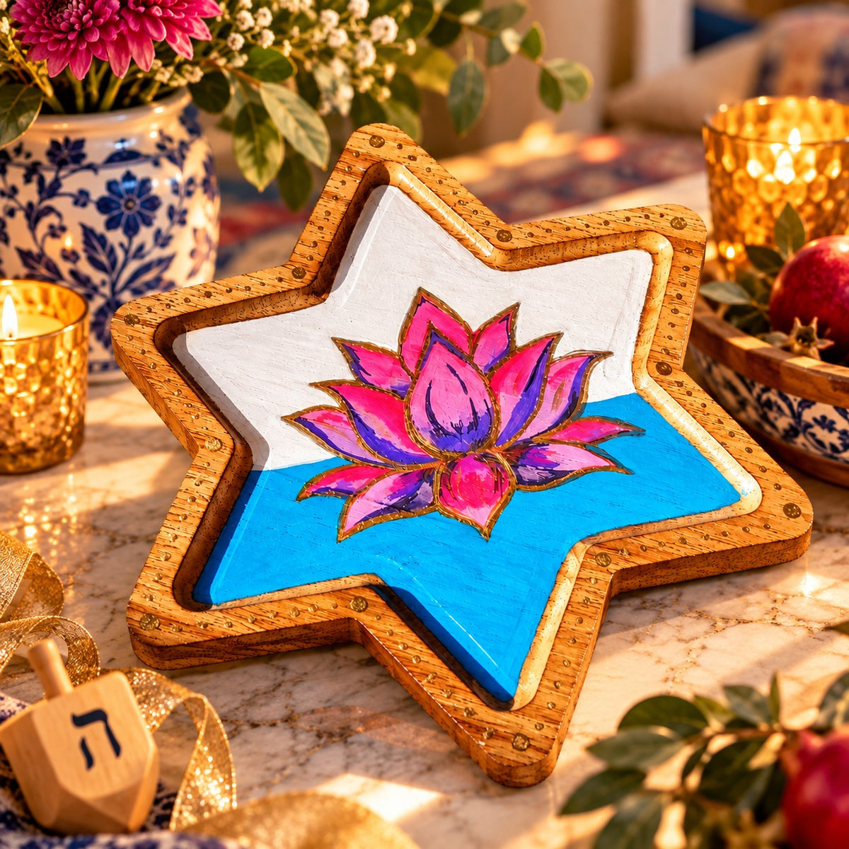 Lotus Star of David Serving Tray, two lotus star trays on a set table with candles