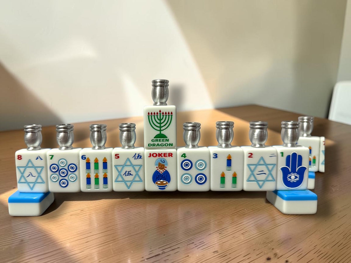 Teal mahjong menorah with Star of David tiles, close view