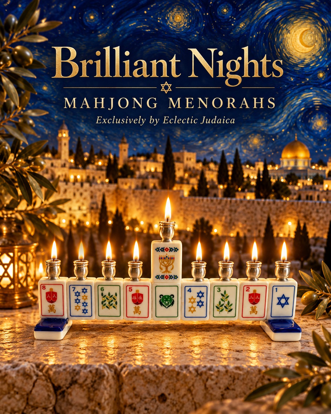 Brilliant Nights promo graphic with a lit mahjong menorah