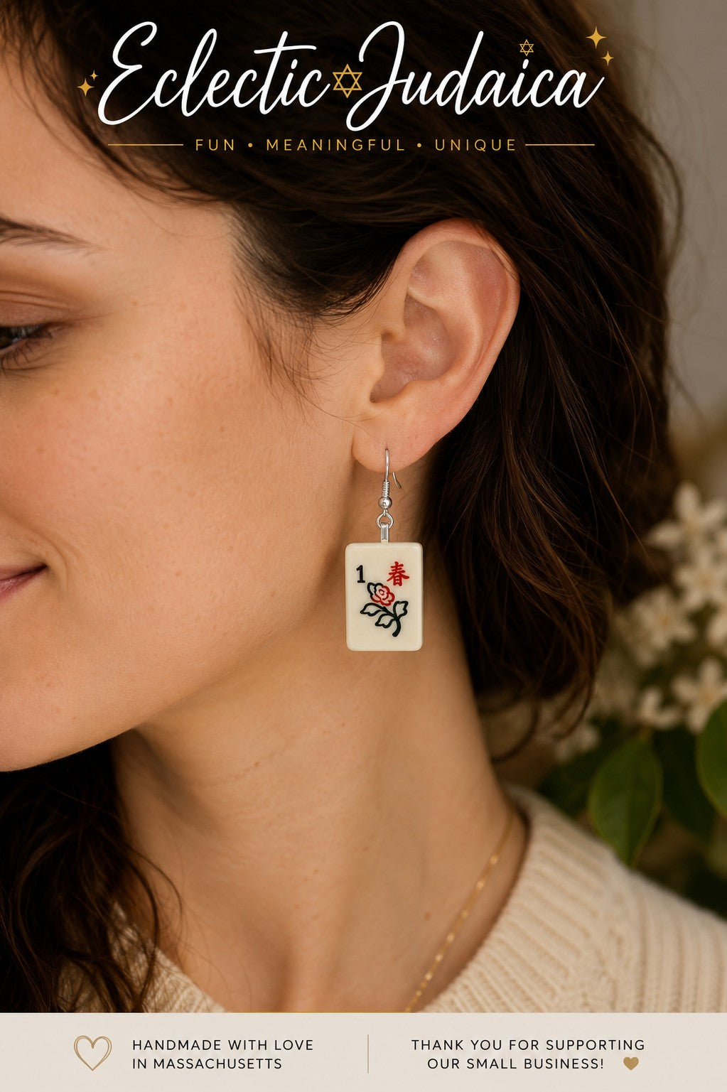 Mahjong Tile Earrings, mah jong tile earring worn by a woman