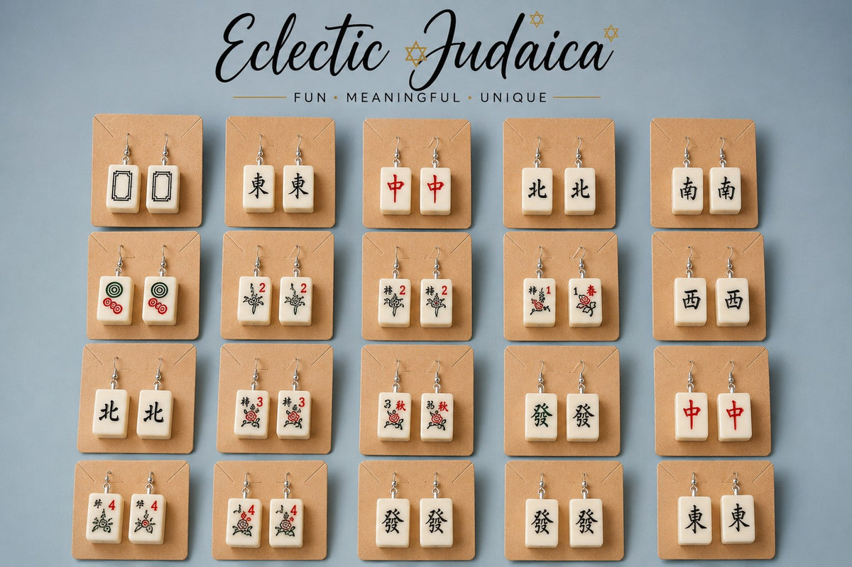 Assortment of mah jong tile earrings on cards