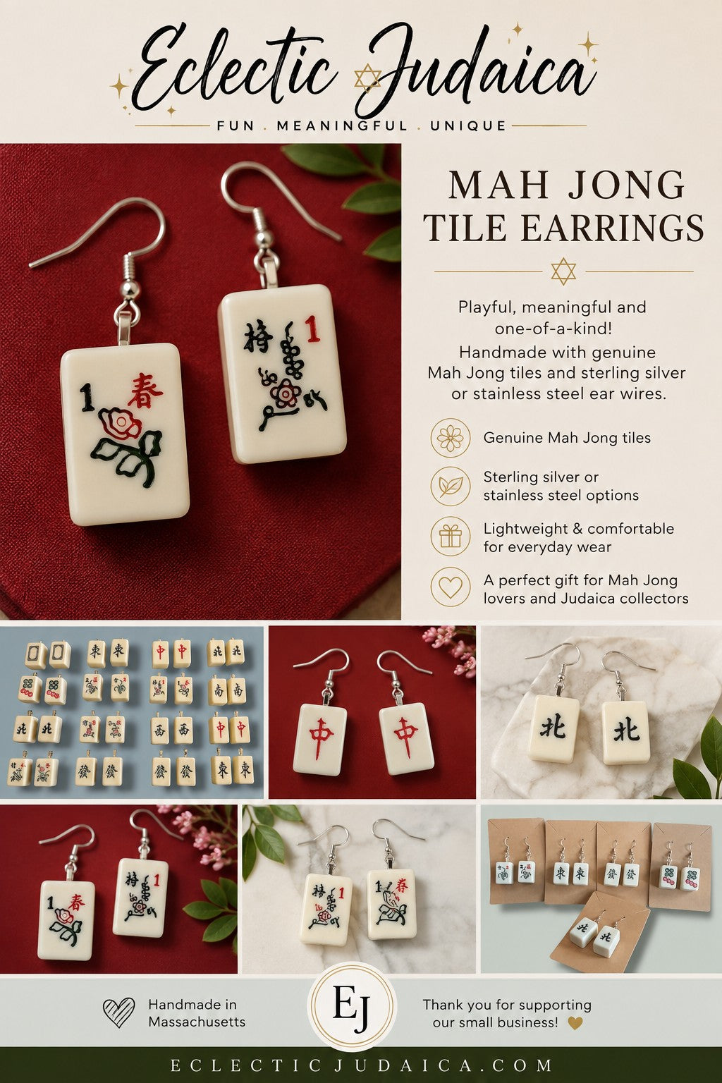 Mahjong Tile Earrings, collage graphic with mah jong earring styles and features